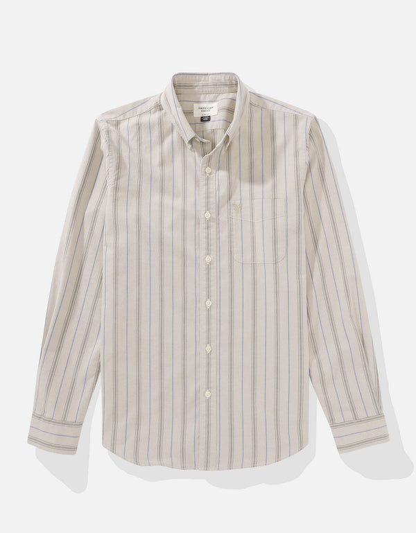 Camisa Slim de Rayas Manga Larga Hombre AE - Caqui