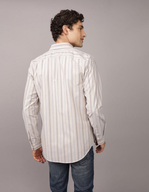 Camisa Slim de Rayas Manga Larga Hombre AE - Caqui