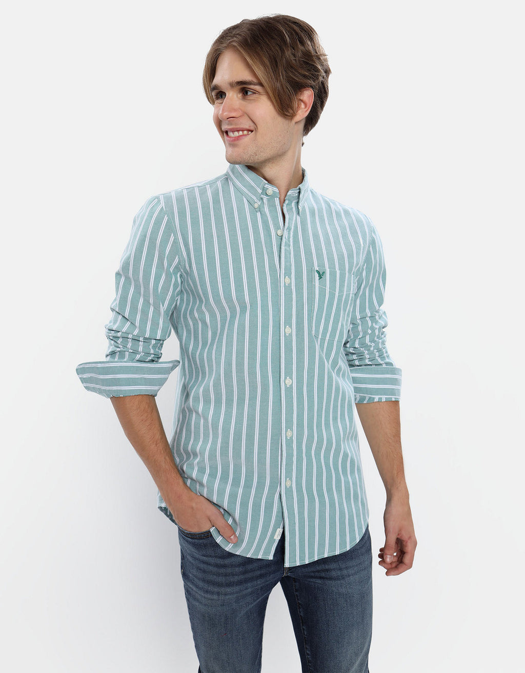 Camisa Slim de Rayas Manga Larga Hombre AE - Verde 0153_2103_372_of