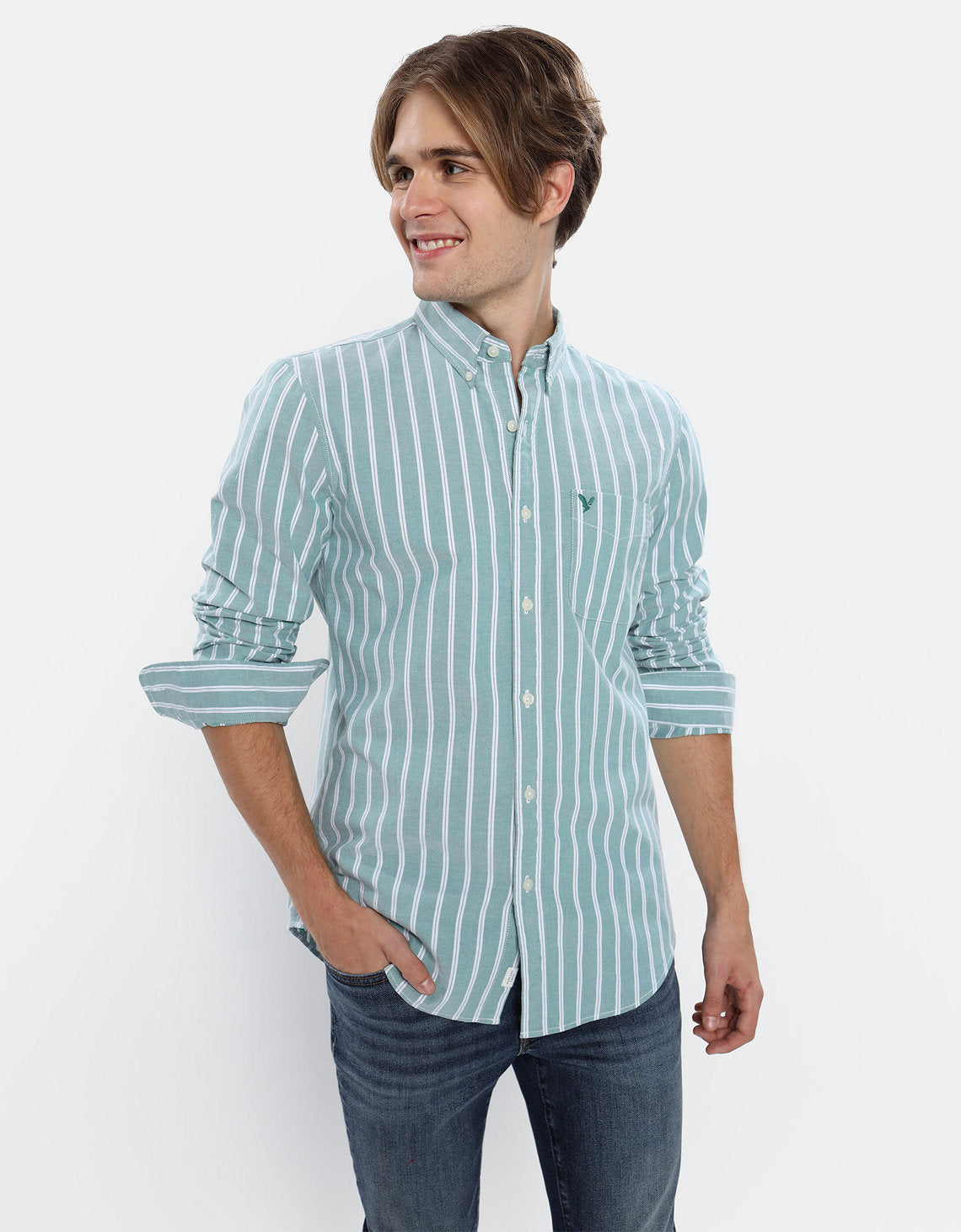 Camisa Slim de Rayas Manga Larga Hombre AE - Verde 0153_2103_372_of