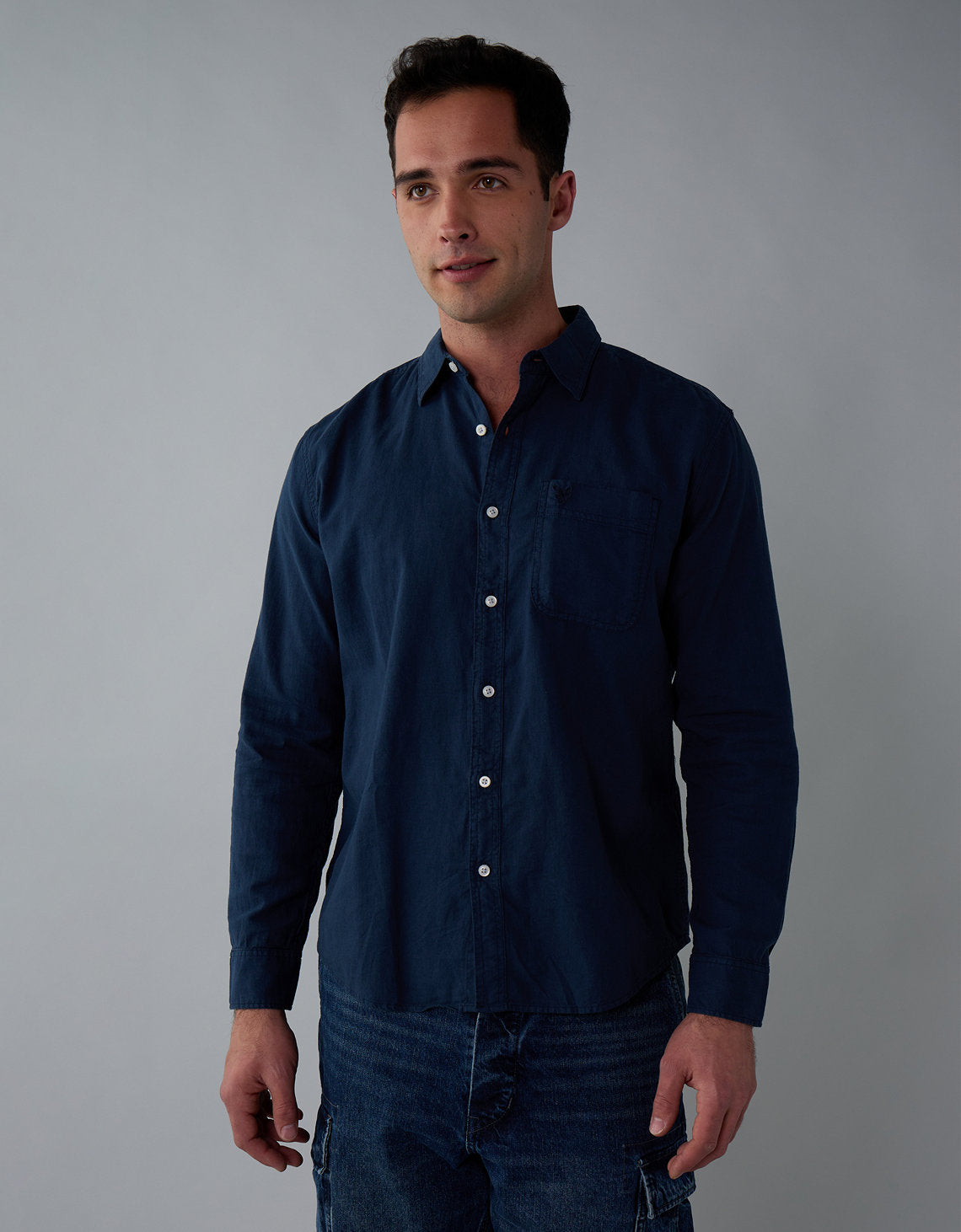 Camisa en Lino Manga Larga para Hombre - Azul 0153_2831_410_of