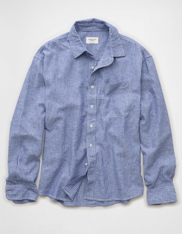 Camisa de lino con ajuste relajado y botones - Azul