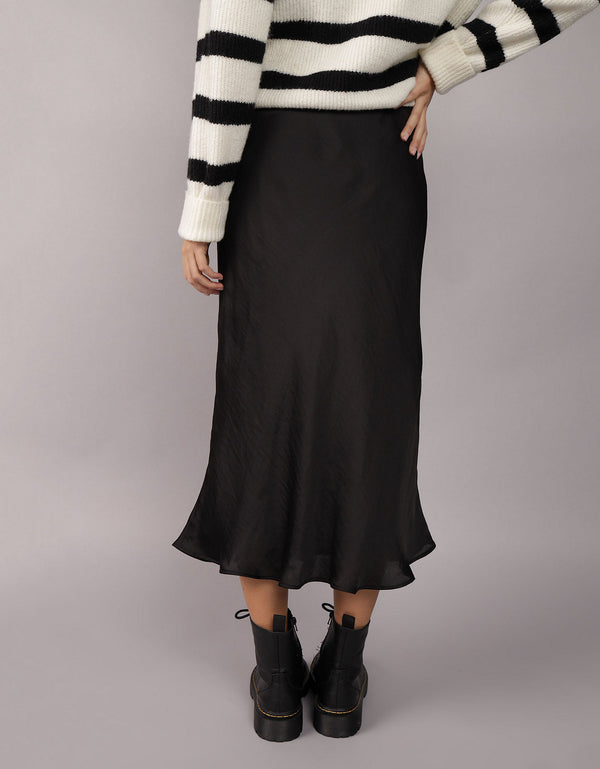 Falda Midi de Satin Tiro Alto Ae - Negro