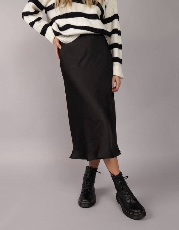Falda Midi de Satin Tiro Alto Ae - Negro