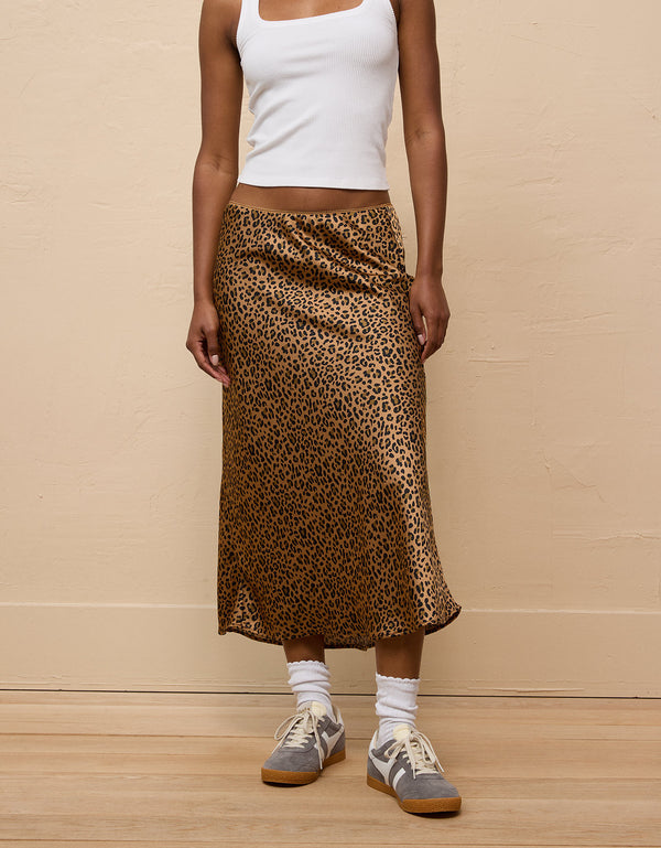 Falda Midi de Satin Tiro Alto Ae - Café