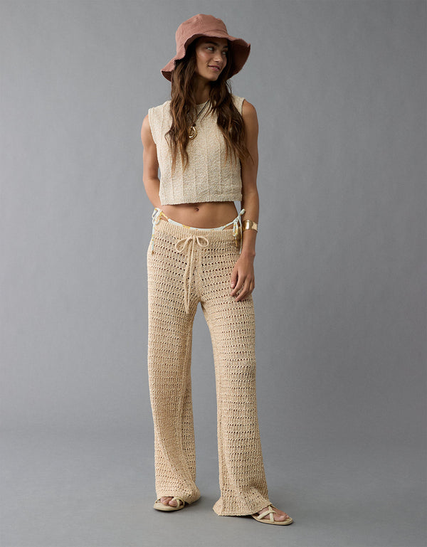 Pantalón acampanado de crochet de cintura alta de AE - Neutro_ebc8b2