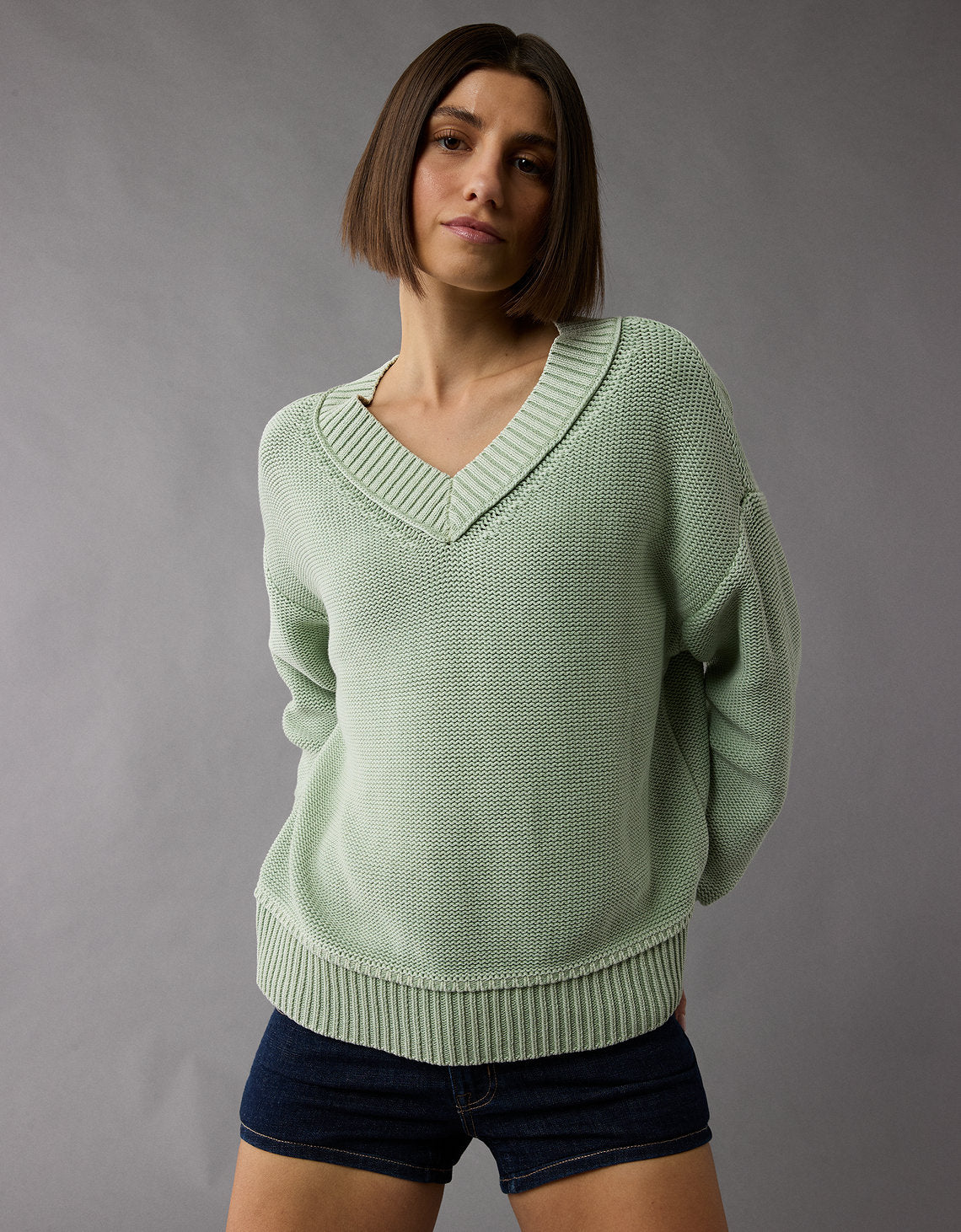 Buzo Tejido cuello en V cómodo para Mujer - Verde 0344_1447_300_d1