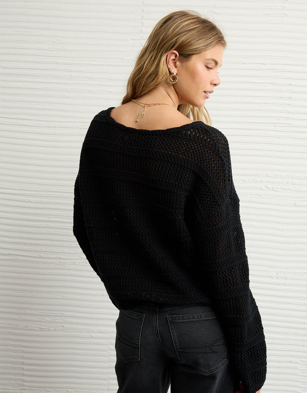 Suéter Cropped de Crochet Ae - Negro