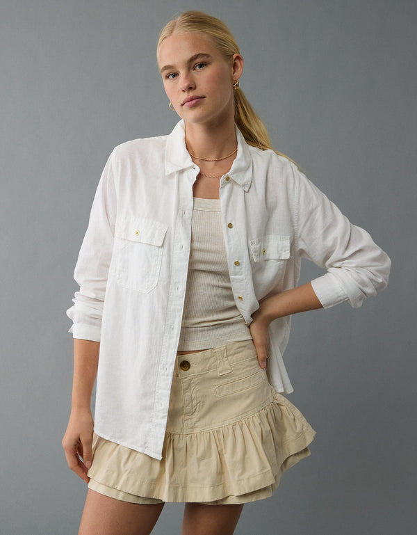 Camisa manga larga de botones de mujer AE - Blanco
