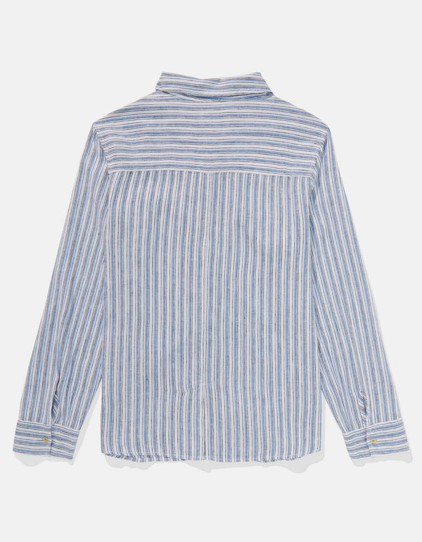 Camisa de Lino Manga Larga de Rayas Ae - Azul
