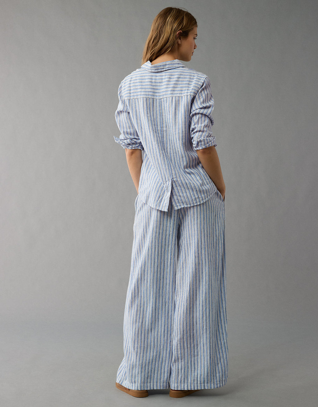 Camisa de Lino Manga Larga de Rayas Ae - Azul 0355_6146_400_ob