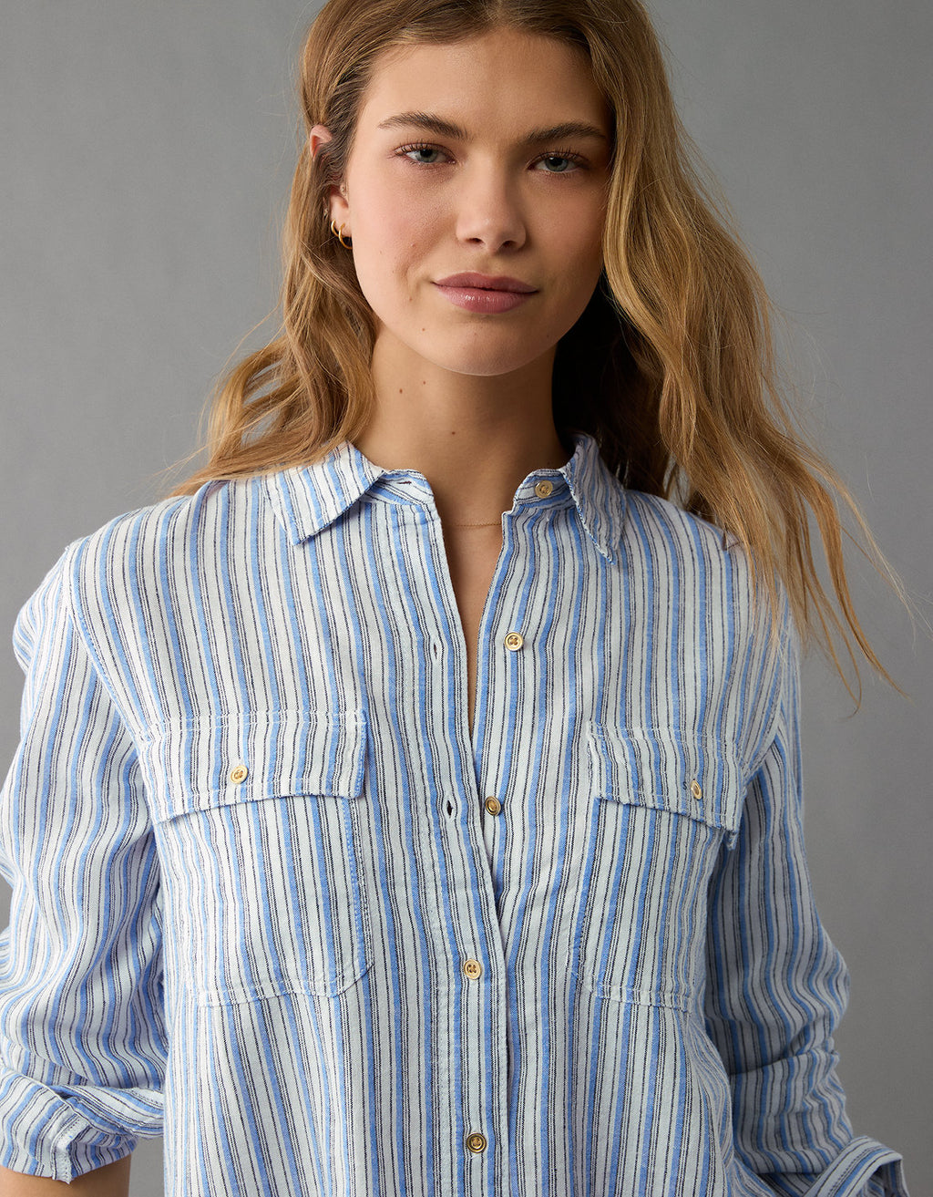 Camisa de Lino Manga Larga de Rayas Ae - Azul 0355_6146_400_of