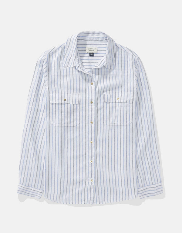 Camisa de Lino Manga Larga de Rayas Ae - Azul