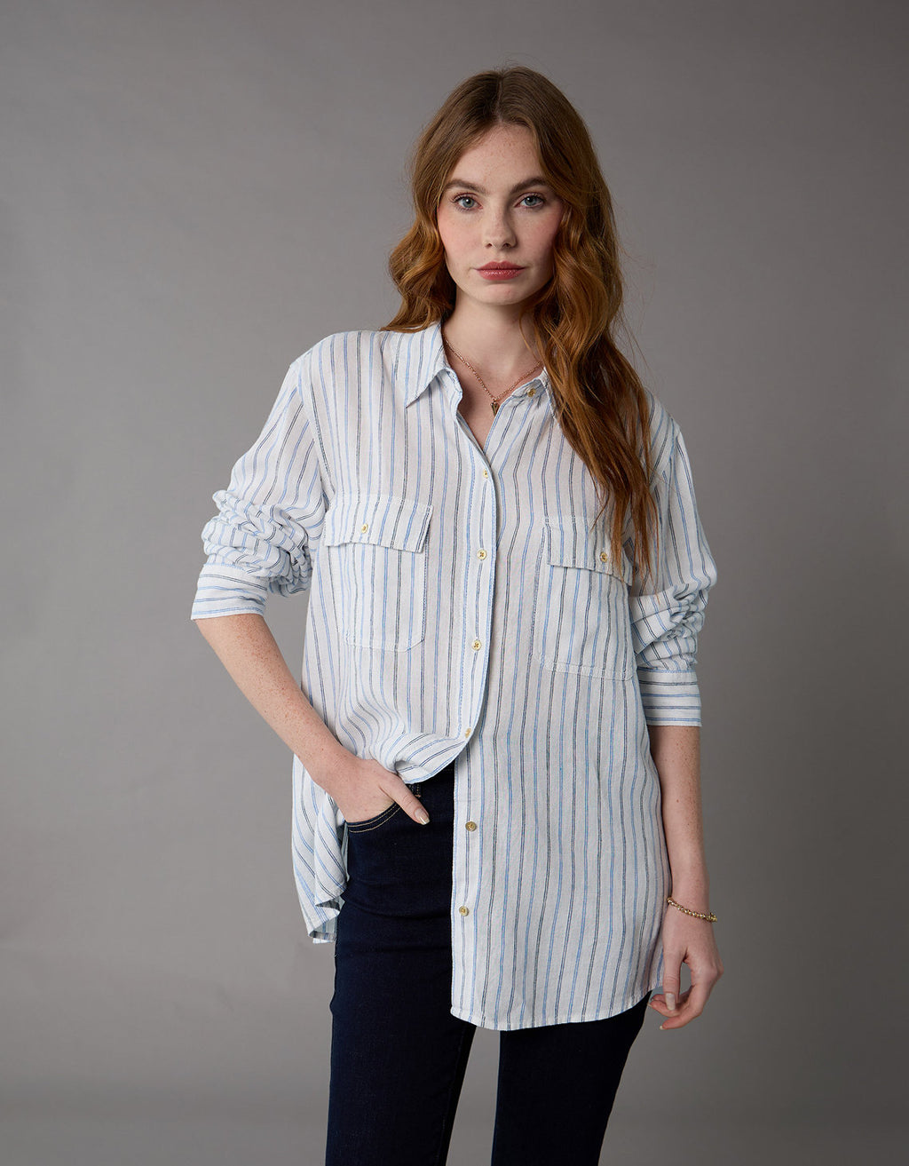 Camisa de Lino Manga Larga de Rayas Ae - Azul 0355_6146_895_of