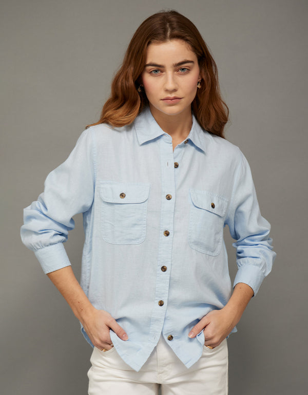 Camisa en Lino con Botones Ae - Azul