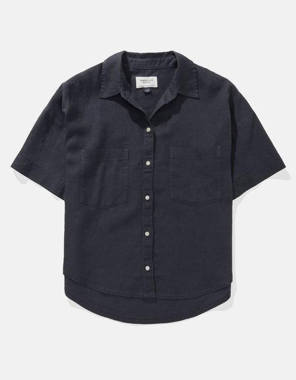 Camisa de Lino con Botones y Manga Corta para Mujer - Azul