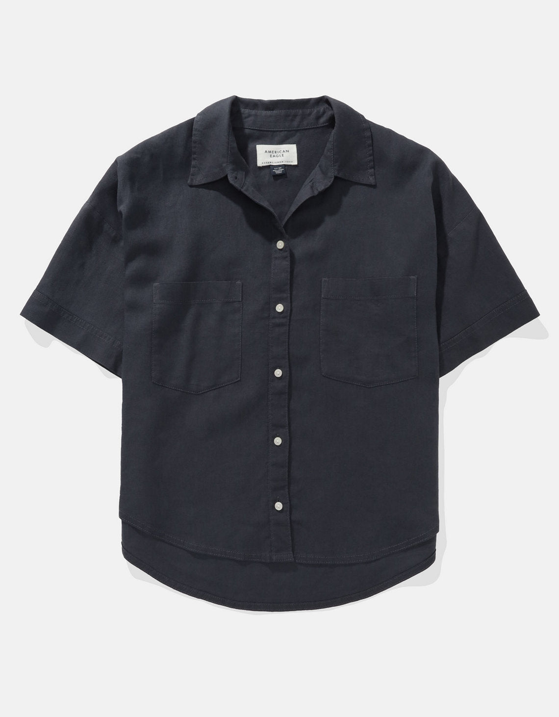 Camisa de Lino con Botones y Manga Corta para Mujer - Naval 0358_6065_410_f