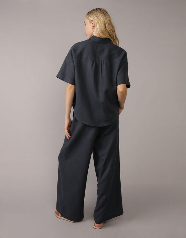 Camisa de Lino con Botones y Manga Corta para Mujer - Azul
