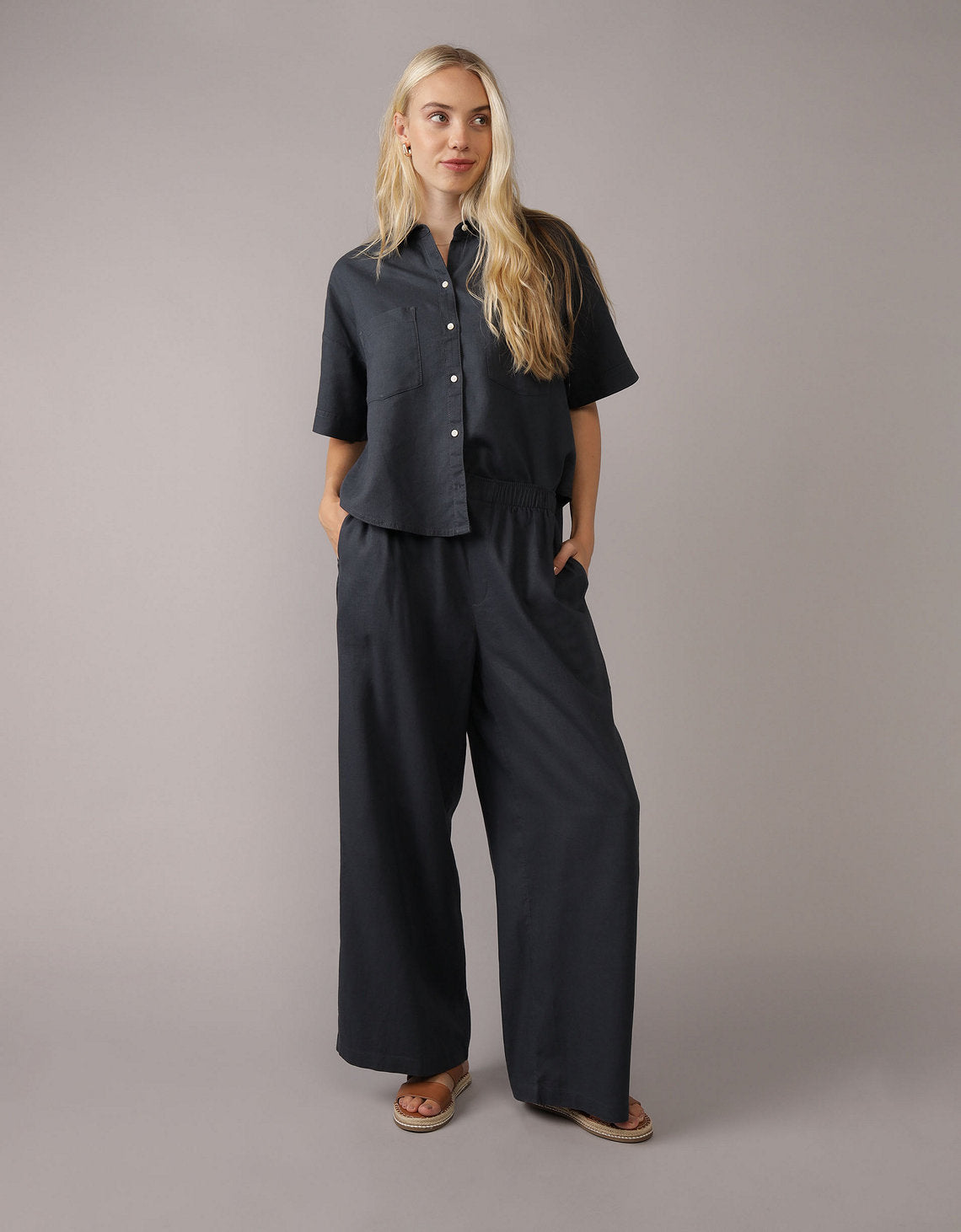 Camisa de Lino con Botones y Manga Corta para Mujer - Naval 0358_6065_410_of
