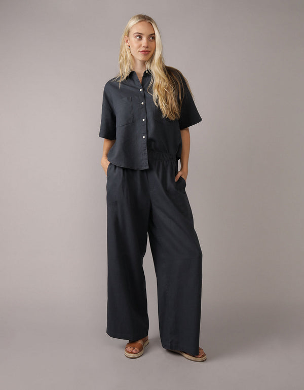Camisa de Lino con Botones y Manga Corta para Mujer - Naval
