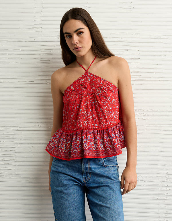 Top halter de encaje con cuello en Y - Rojo