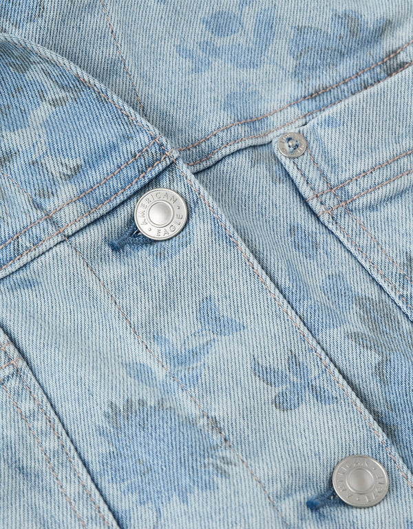 Chaqueta de mezclilla con estampado floral en corte acampanado - Azul
