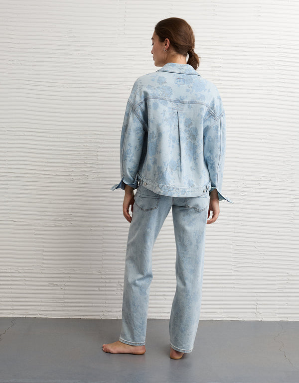 Chaqueta de mezclilla con estampado floral en corte acampanado - Azul