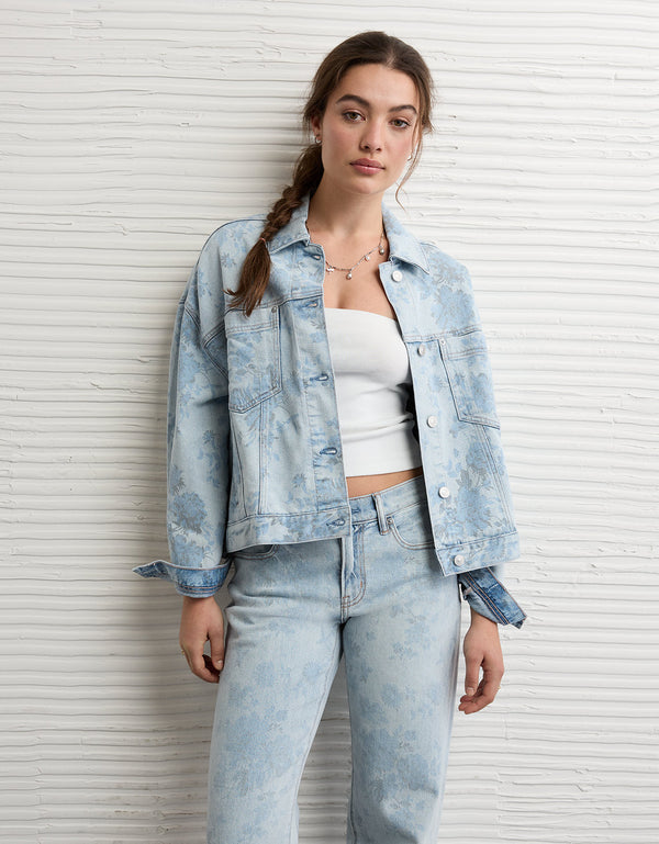 Chaqueta de mezclilla con estampado floral en corte acampanado - Azul