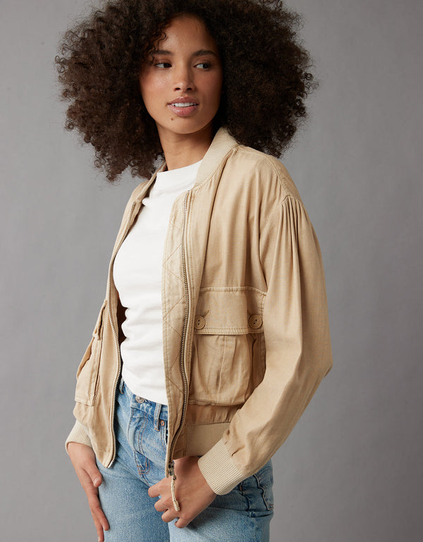 Chaqueta AE en lino tipo puffer de Mujer - Caqui