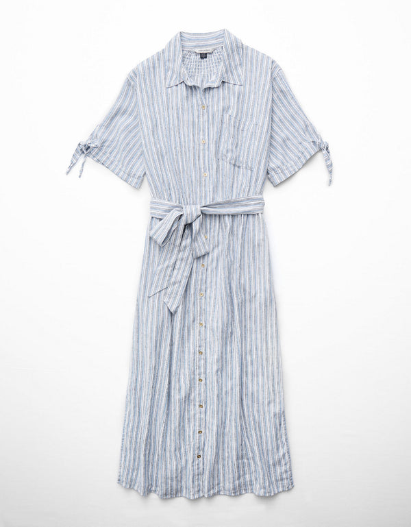 Vestido Camisero en Mezcla de Lino para Mujer - Azul
