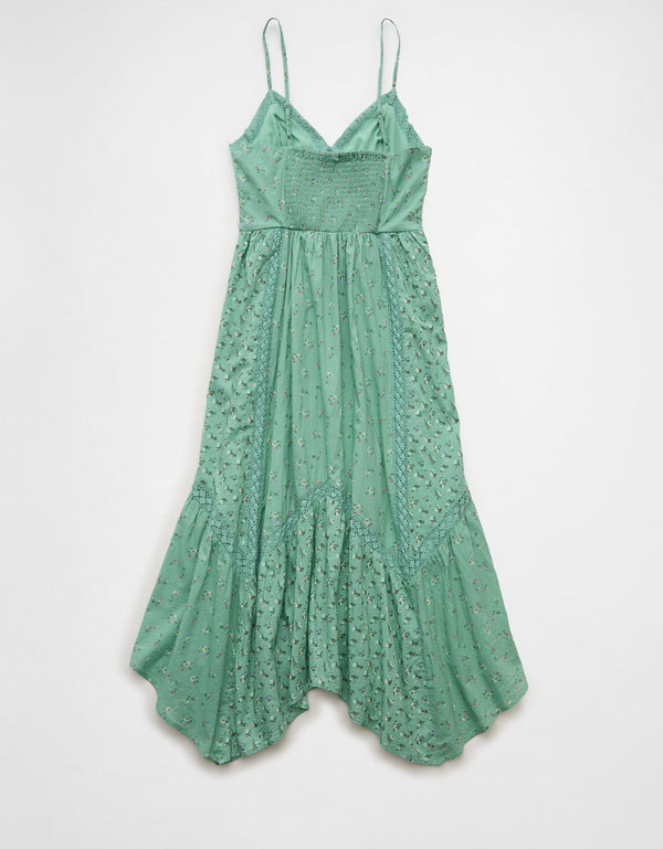 Vestido midi con dobladillo desigual e inserción de encaje en el escote en V - Verde