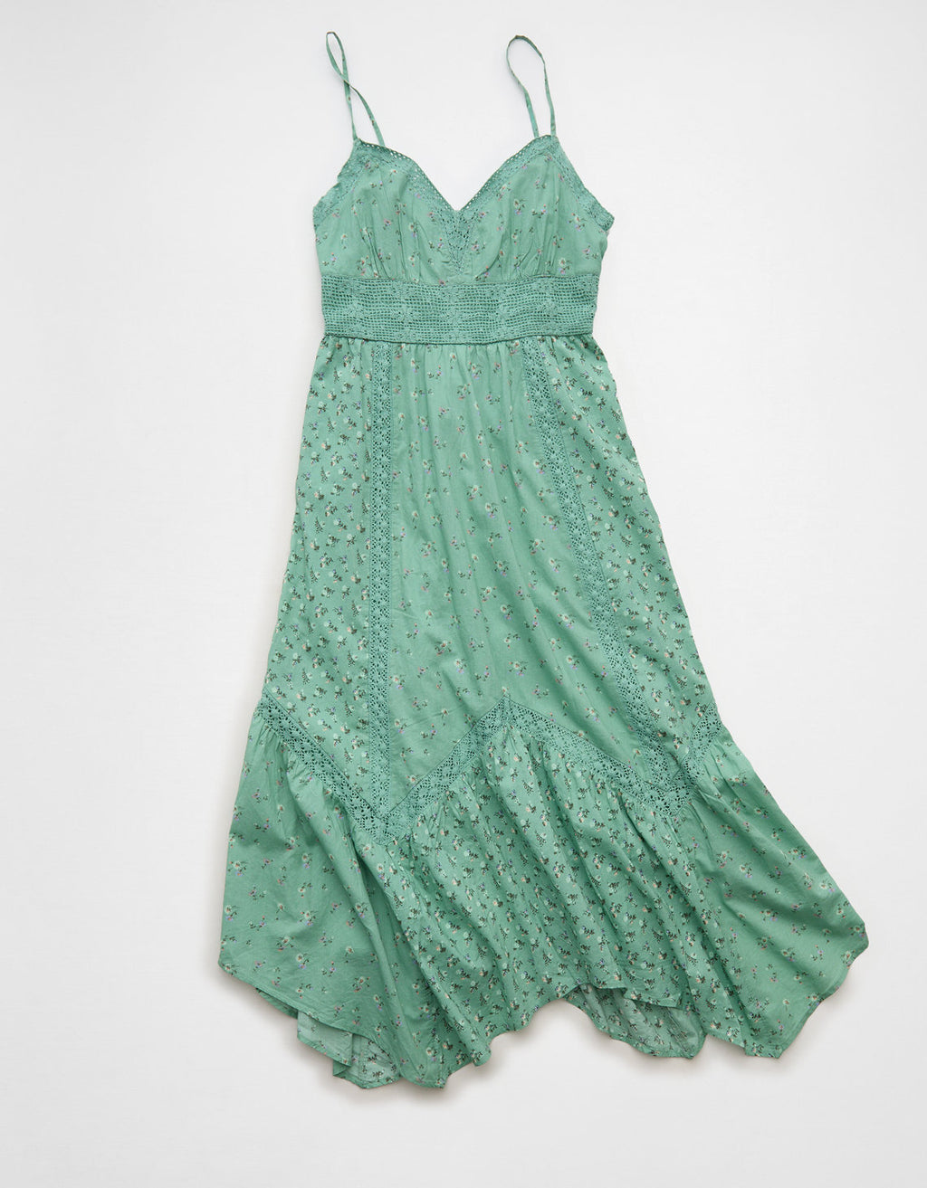 Vestido midi con dobladillo desigual e inserción de encaje en el escote en V - Verde 0395_9039_300_f