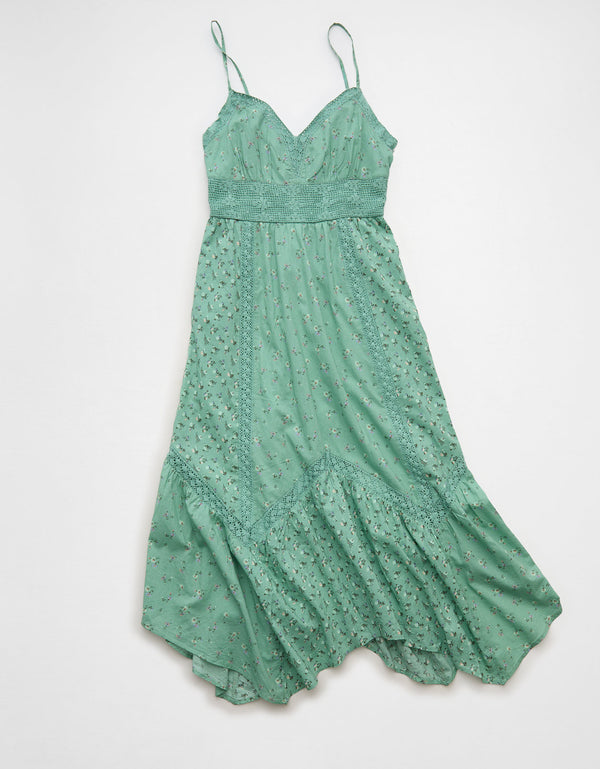 Vestido midi con dobladillo desigual e inserción de encaje en el escote en V - Verde