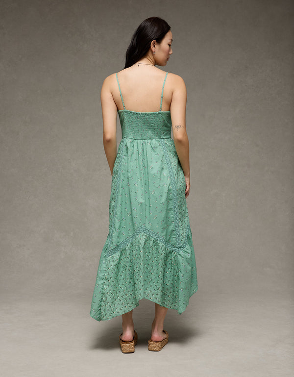Vestido midi con dobladillo desigual e inserción de encaje en el escote en V - Verde