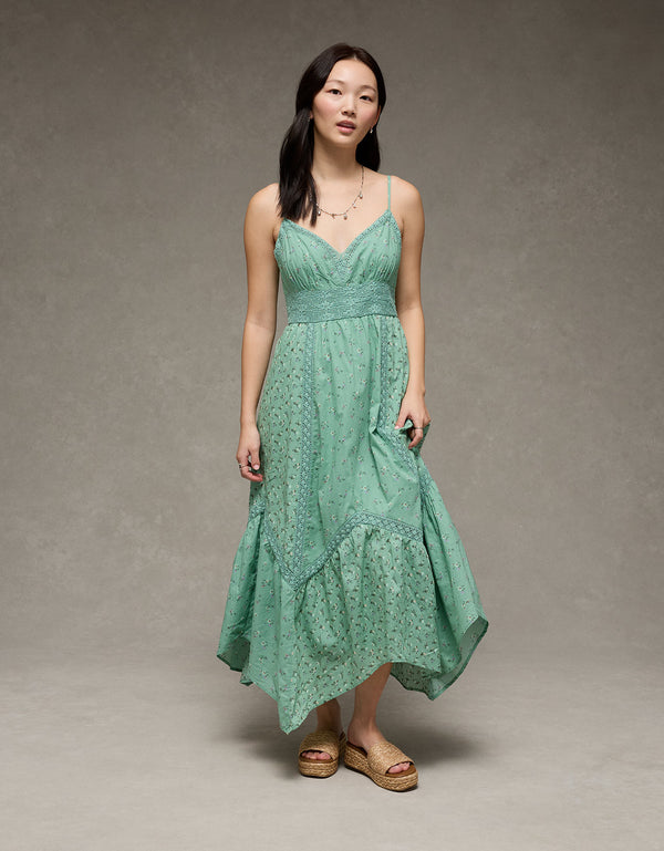 Vestido midi con dobladillo desigual e inserción de encaje en el escote en V - Verde