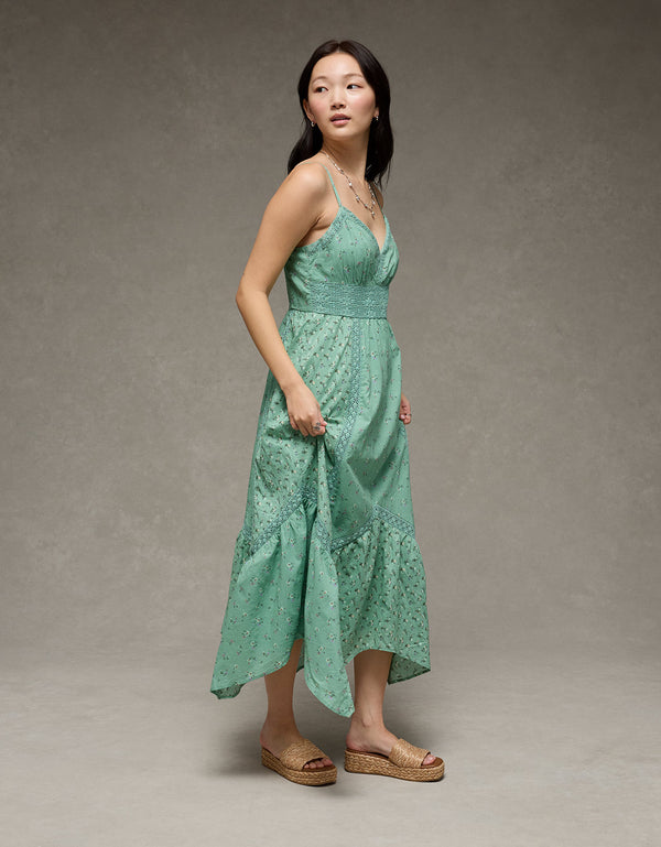 Vestido midi con dobladillo desigual e inserción de encaje en el escote en V - Verde