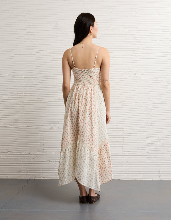 Vestido midi con dobladillo desigual e inserción de encaje en el escote en V - Multicolor