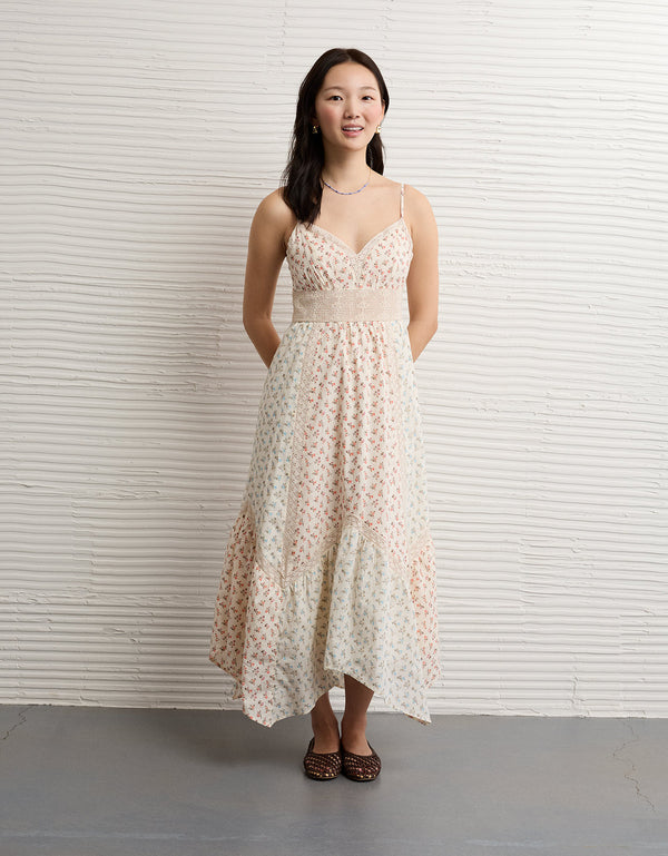 Vestido midi con dobladillo desigual e inserción de encaje en el escote en V - Multicolor