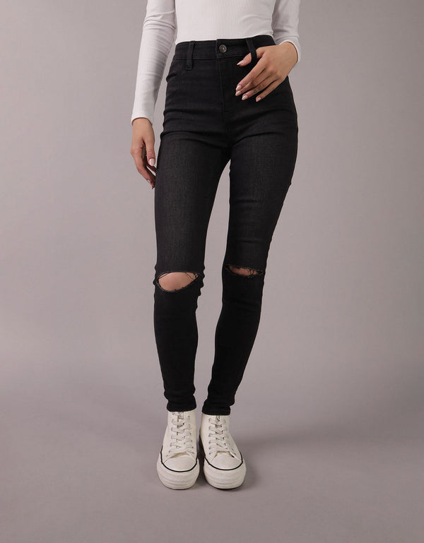 Jegging de talle alto rasgado de mujer AE - Negro