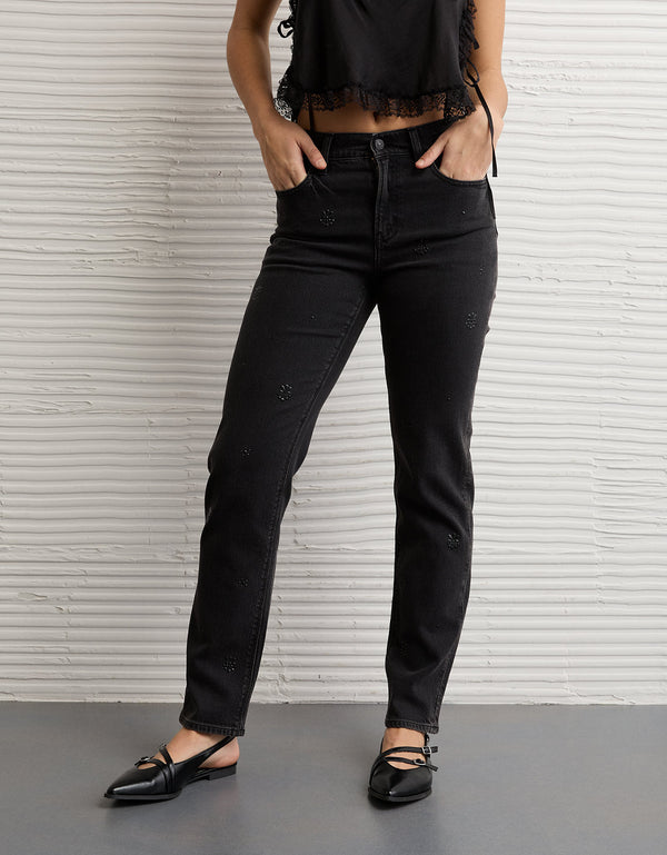 Jean recto adornado de cintura súper alta Ae Stretch - Gris
