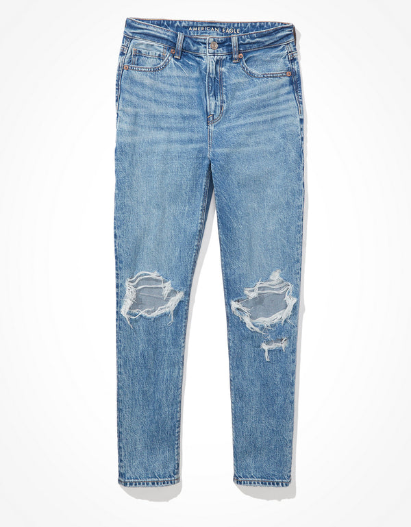 Jean AE mom strigid con rotos - Azul