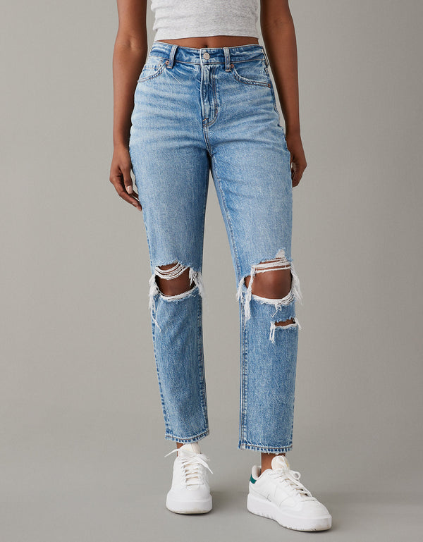 Jean AE mom strigid con rotos - Azul
