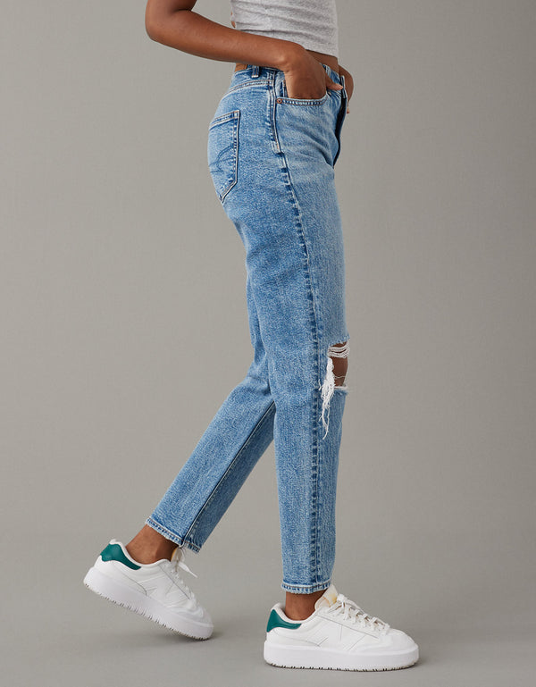 Jean AE mom strigid con rotos - Azul