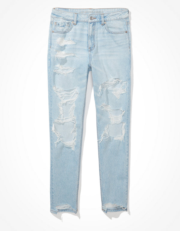 Jean AE mom strigid con rotos - Azul