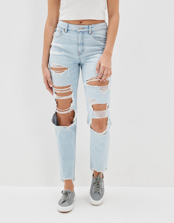 Jean AE mom strigid con rotos - Azul