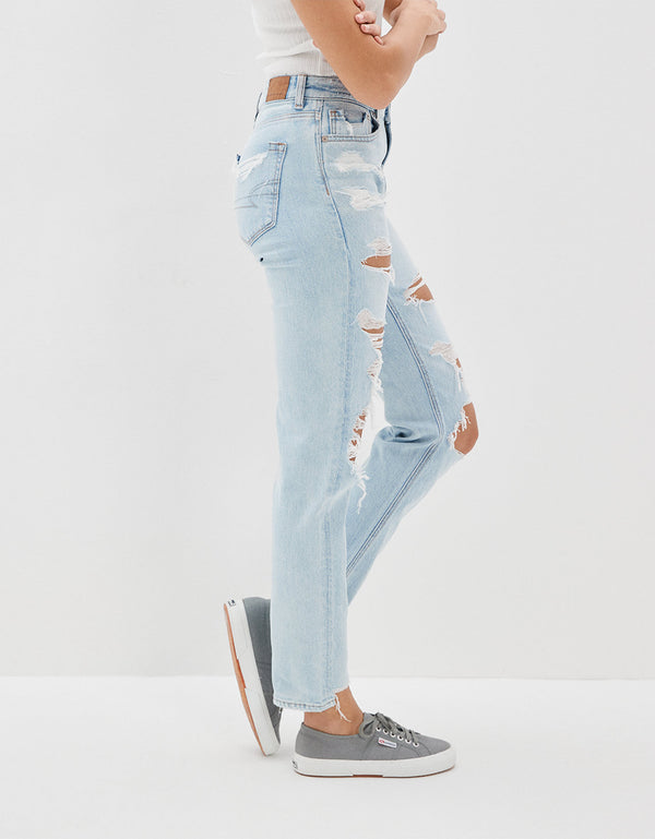 Jean AE mom strigid con rotos - Azul