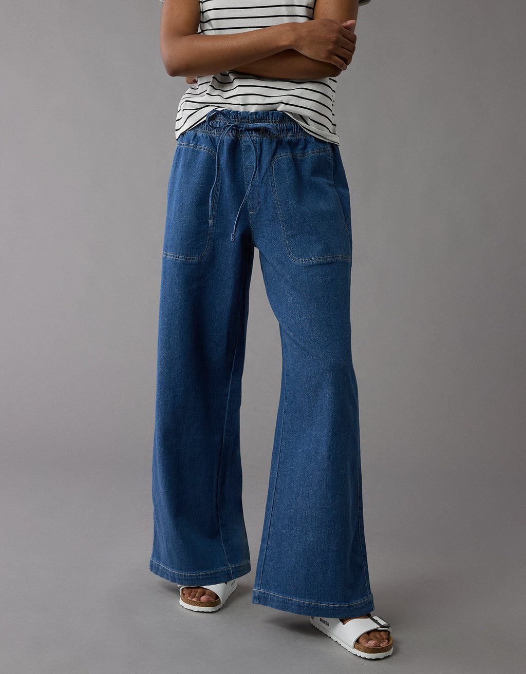Pantalón de Lino con Drapeado Soñado y Cintura Elástica - Azul 0461_5589_532_of