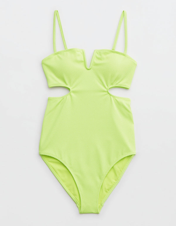 Traje de baño Aerie de una pieza con corte en V en tela piqué brillante - Generico