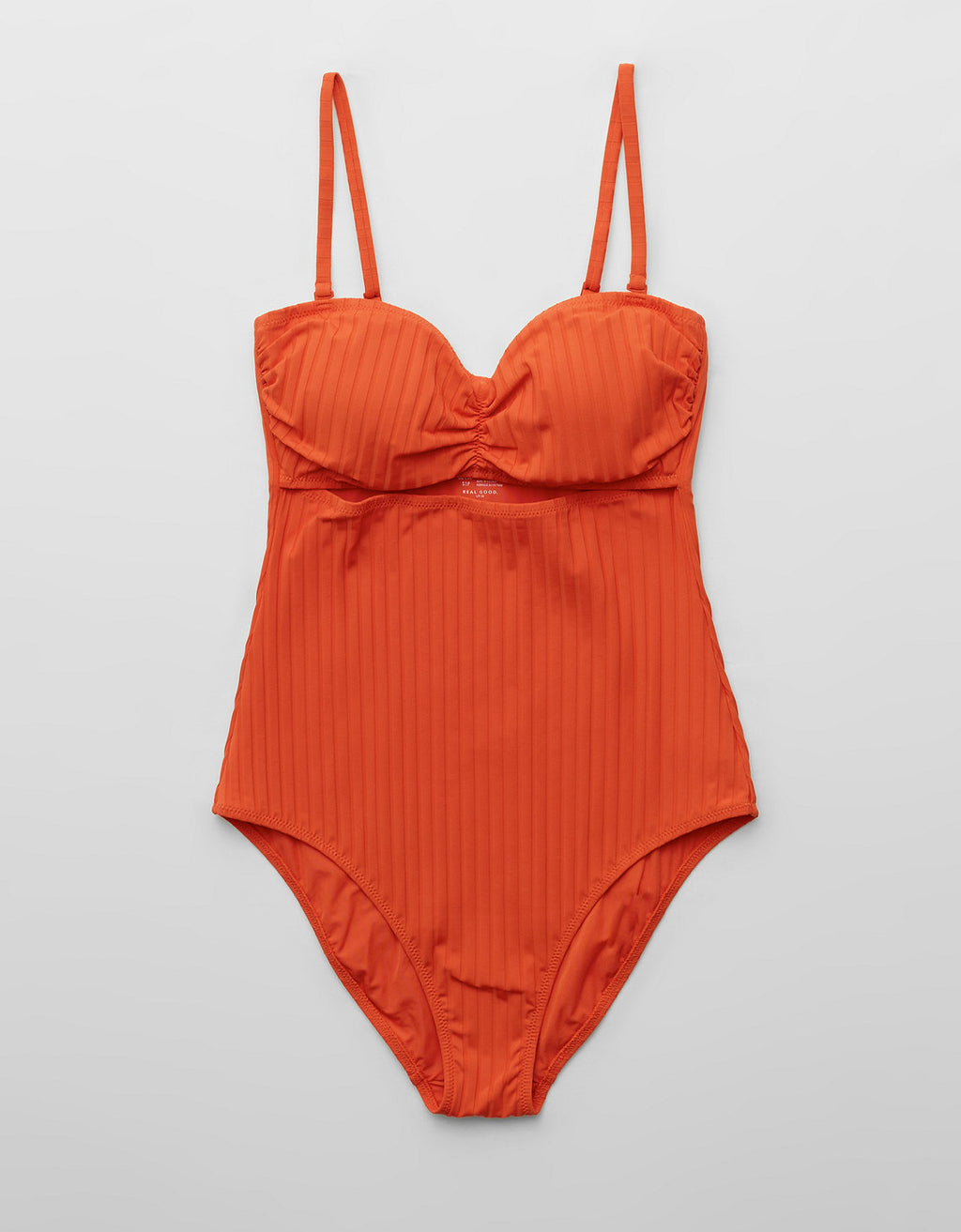 Bañador entero con frunces, escote bandeau, recortes y textura acanalada. - Naranja 0751_6755_807_f