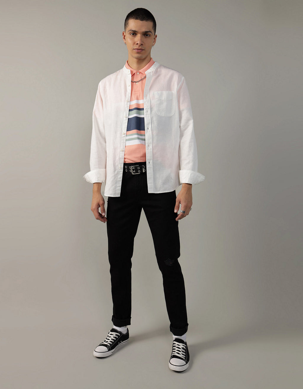 Camisa AE abotonada de lino con cuello - Blanco 1152_2369_101_of